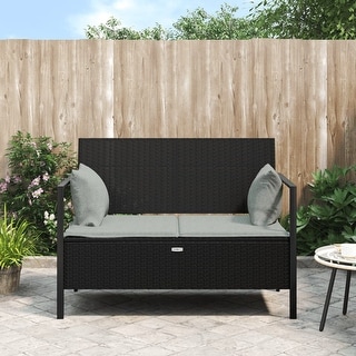 vidaXL 2-Seater Patio Bench with Cushions Brown Poly Rattan - 44.1" x 23.2" x 32.5"
