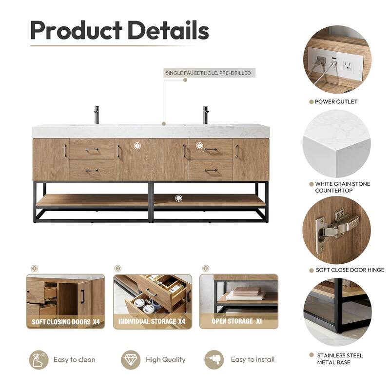 Alistair 84" Double Vanity with White Grain Stone Top and Mirror - 84" x 22"