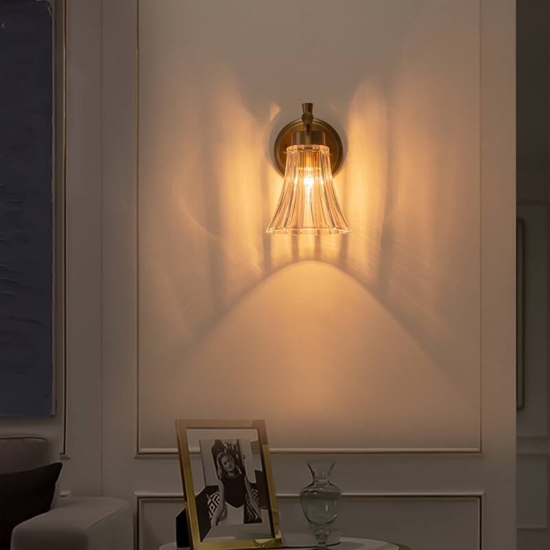 Gold Metal Wall Sconce Ribbed Trumpet Glass Shade for Bathroom Vanity