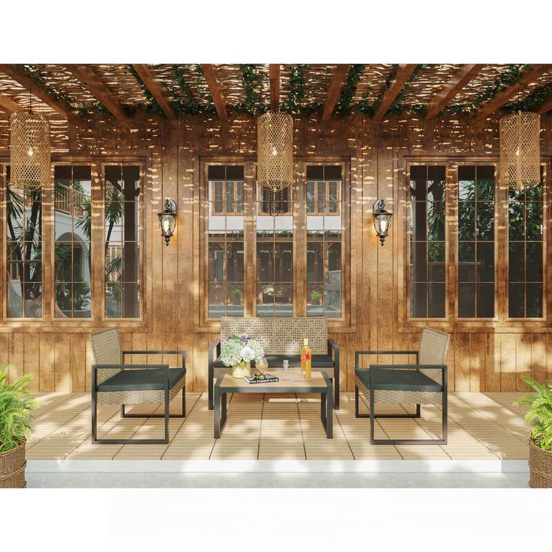 4-Piece Acacia Wood Patio Furniture Set,Black and Light Brown