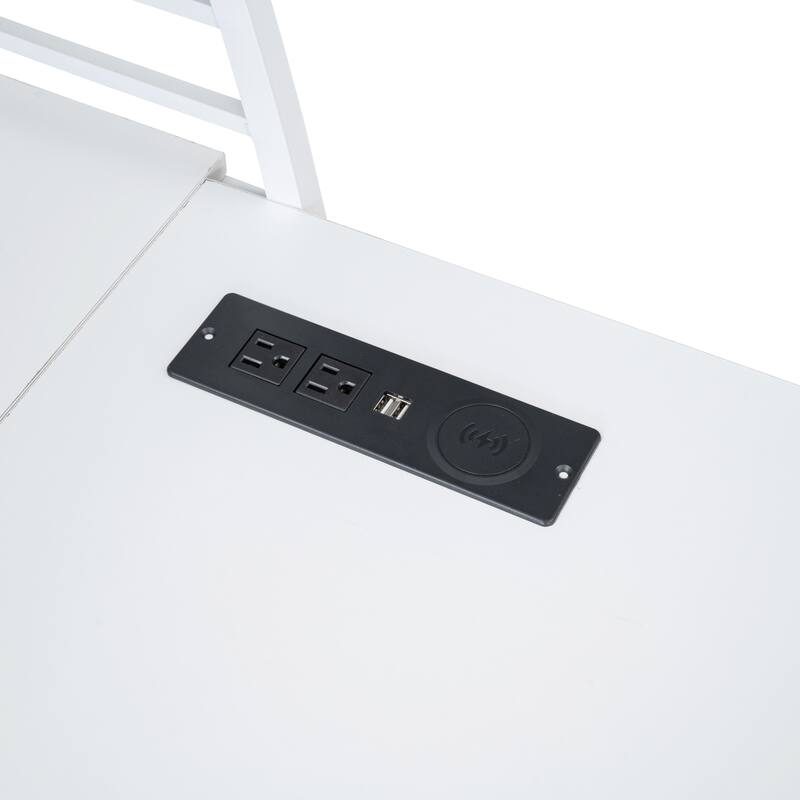 Full Size Metal Loft Bed with 4-Layer Shelving, L-Shaped Desk, USB Ports, Sockets, and Wireless Charging
