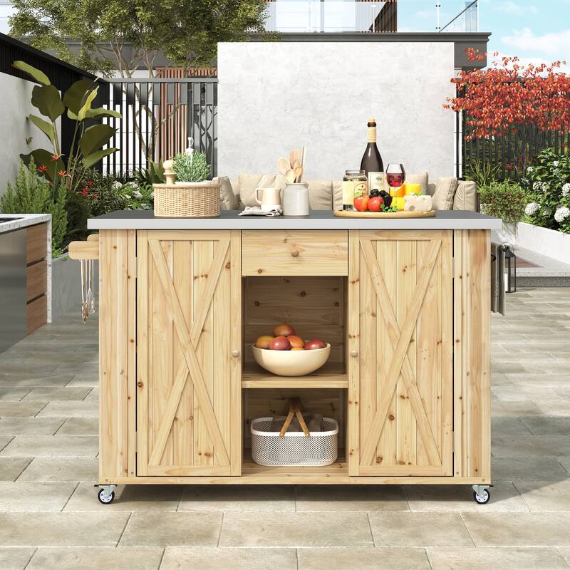 Roomfitters Outdoor Fir Wood Kitchen Island with Stainless Steel Top Towel & Spice Racks Bottle Opener
