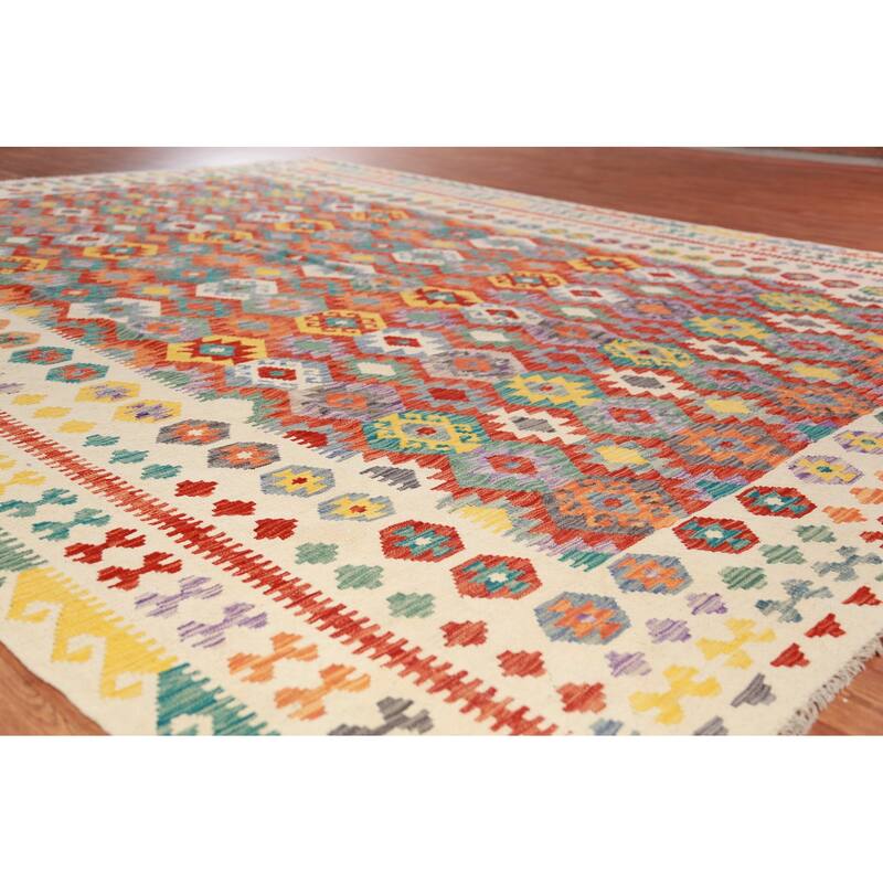 Kilim Oriental Area Rug Hand-Woven Geometric Wool Carpet - 10'3"x 13'1"