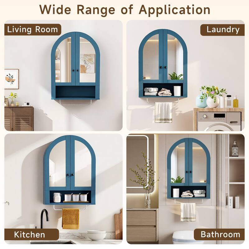 Wall Mounted Arched Cabinet with Mirrored Doors and Adjustable Shelves for Laundry Room, Bathroom, Kitchen