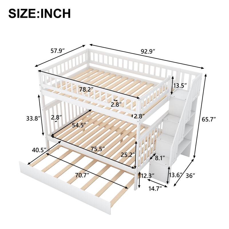 Full over Full Bunk Bed with Twin Trundle, Convertible Bunk Bed Frame