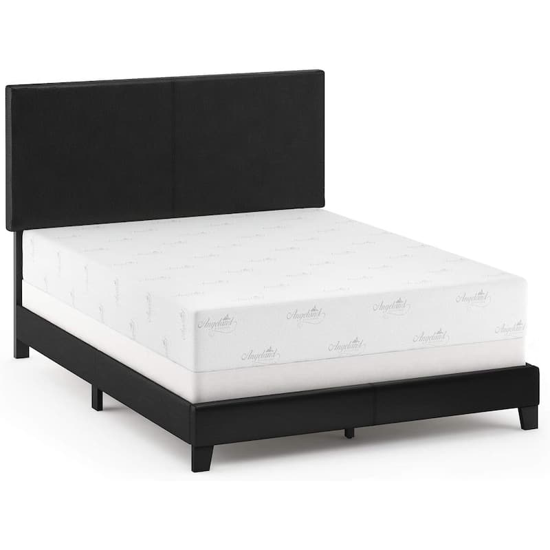King Bed Frame Upholstered Black PU Leather Platform Bed Modern Glam Style