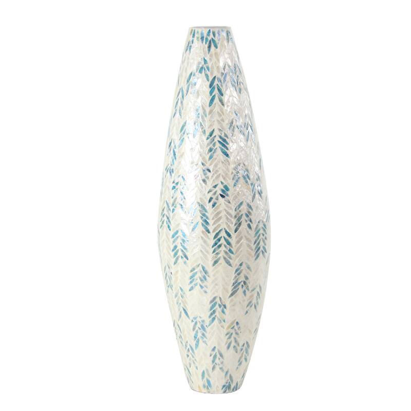 Cream Mother of Pearl Shell Handmade Tall Mosaic Decorative Vase with Blue Accents