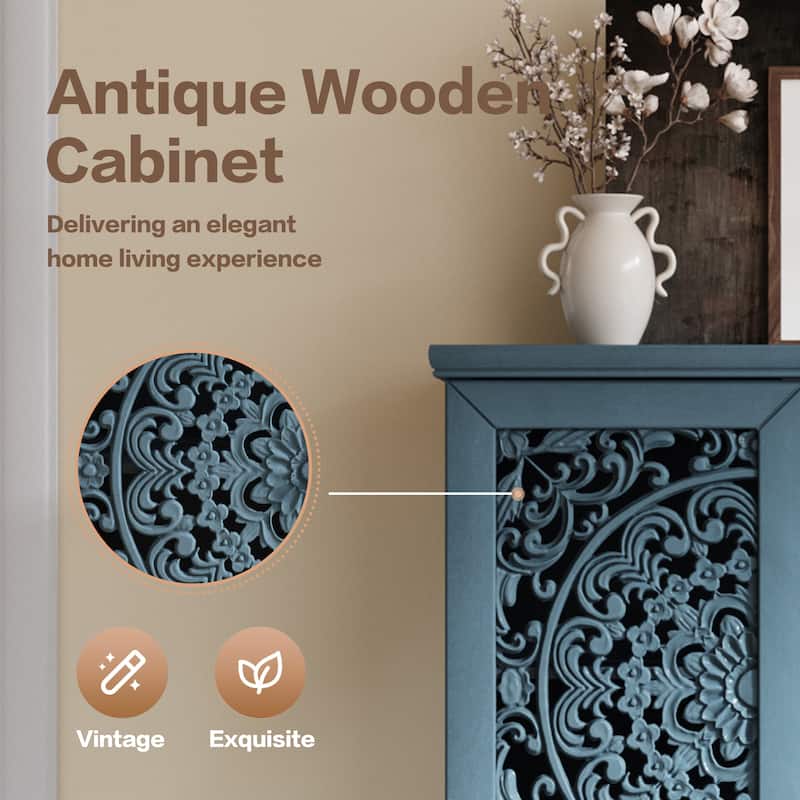 55'' Rustic Tall Storage Cabinet with Drawer, Carved Wood 2-Door Accent Cabinet with Solid Wood Legs for Living Room