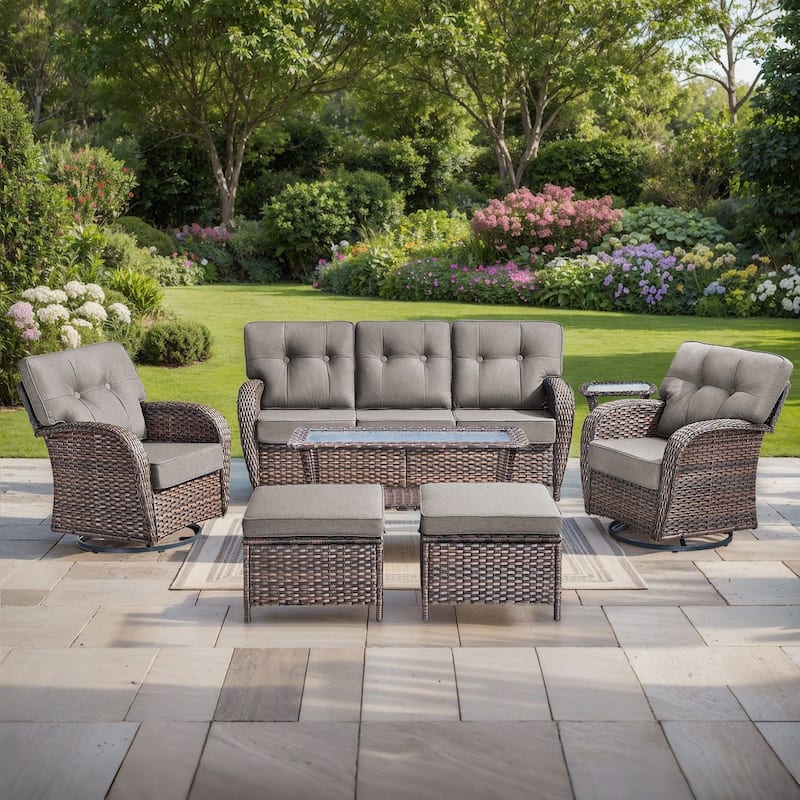 Pocassy 7 Piece Ooutdoor Sofa with Swivel Chair Ottoman Table - Brown Wicker & Gray cushion
