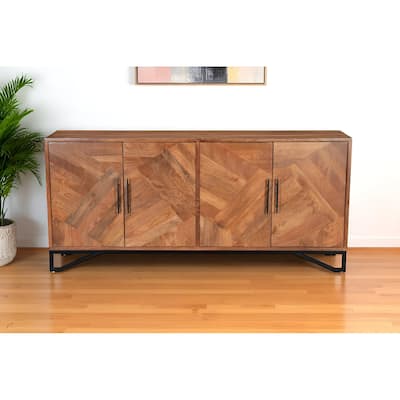 HomeRoots 82" Brown Solid Wood Carved Geometric Sideboard with Four Doors - 82.00 in. x 37.00 in. x 18.00 in.