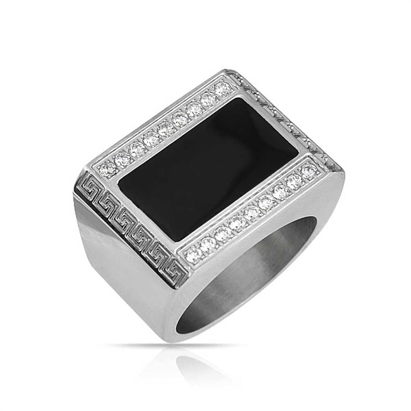 Rectangle Stainless Steel Silver Tone and Black Greek Key Pattern Cufflinks