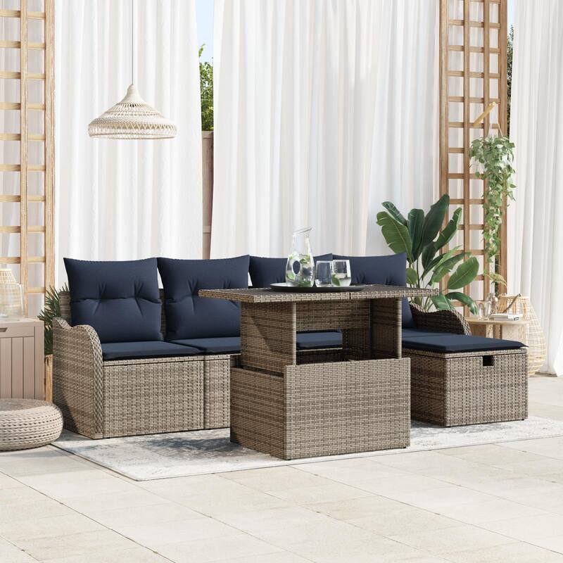 vidaXL 6 Garden Sofa Set with Cushions Black/Brown/Grey Poly Rattan - 90.9 x 46.1 x 27.2 - Grey