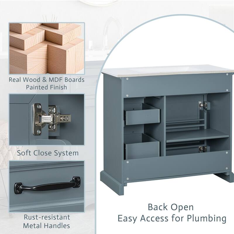 Roomfitters 36" Bathroom Vanity with Ceramic Sink, 2 Tip-out Drawers and Smart Storage Organizer