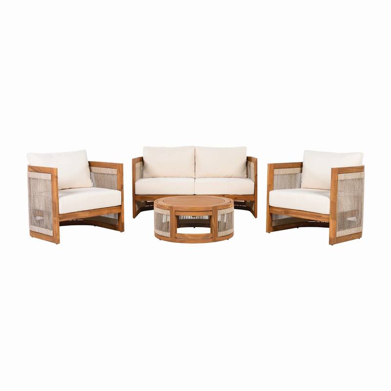 4-Piece Outdoor Wood Conversation Sofa Set with Coffee Table, Cushions