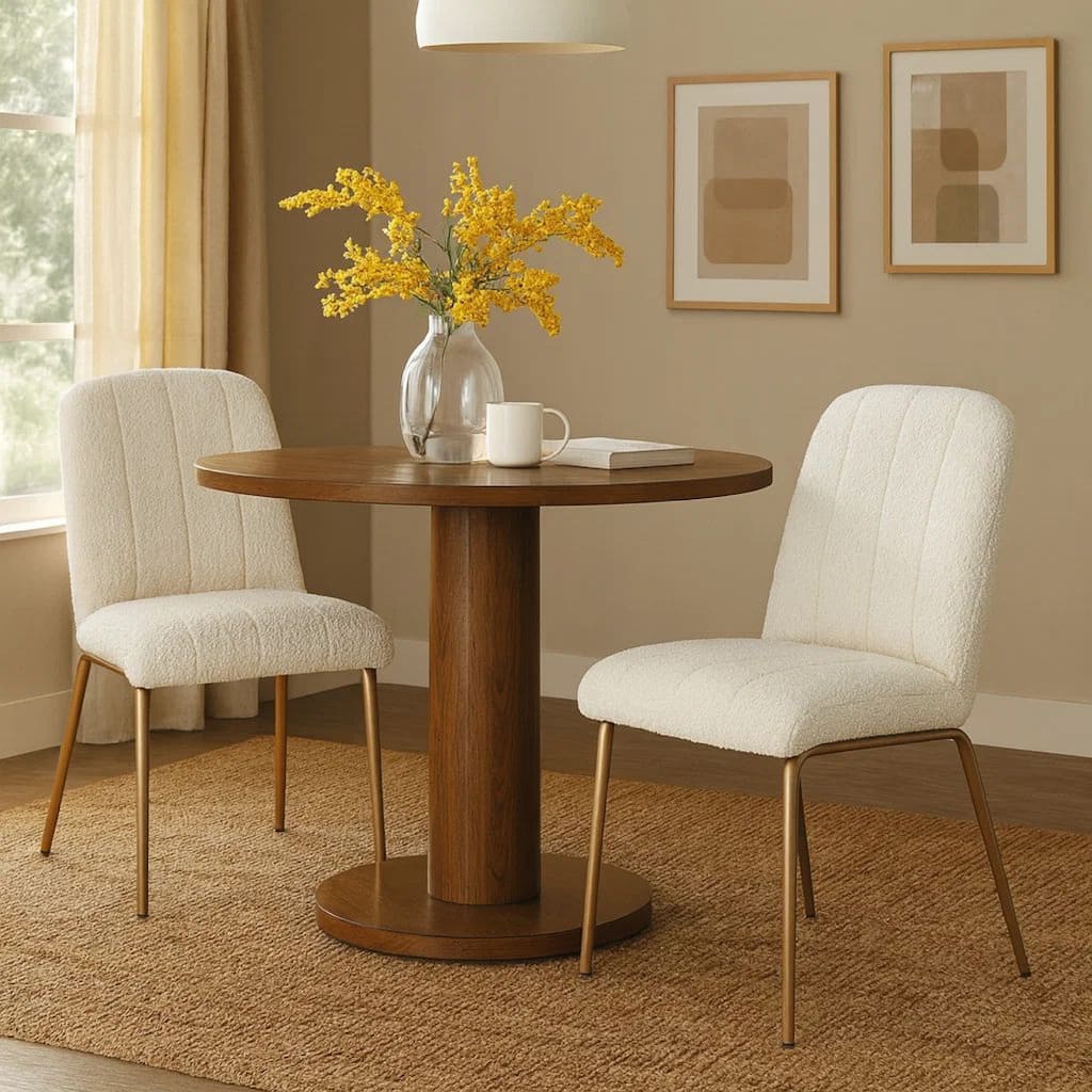 Rise 19 Inch Dining Chairs, Soft Boucle Upholstery, Set of 2, White, Bronze