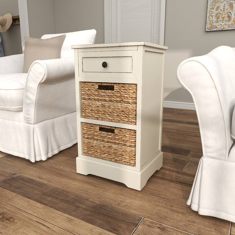 Cream, Teal, White or Brown Wood 2 Baskets and 1 Drawer Storage Unit - 16 x 13 x 28