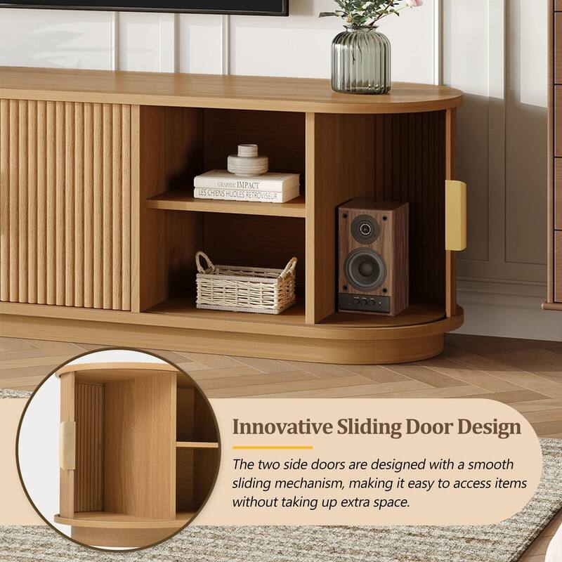 Farmhouse TV Stand with Sliding Tambour Door for 75-Inch TVs, Fluted Media Console with Adjustable Shelves and Golden Handles