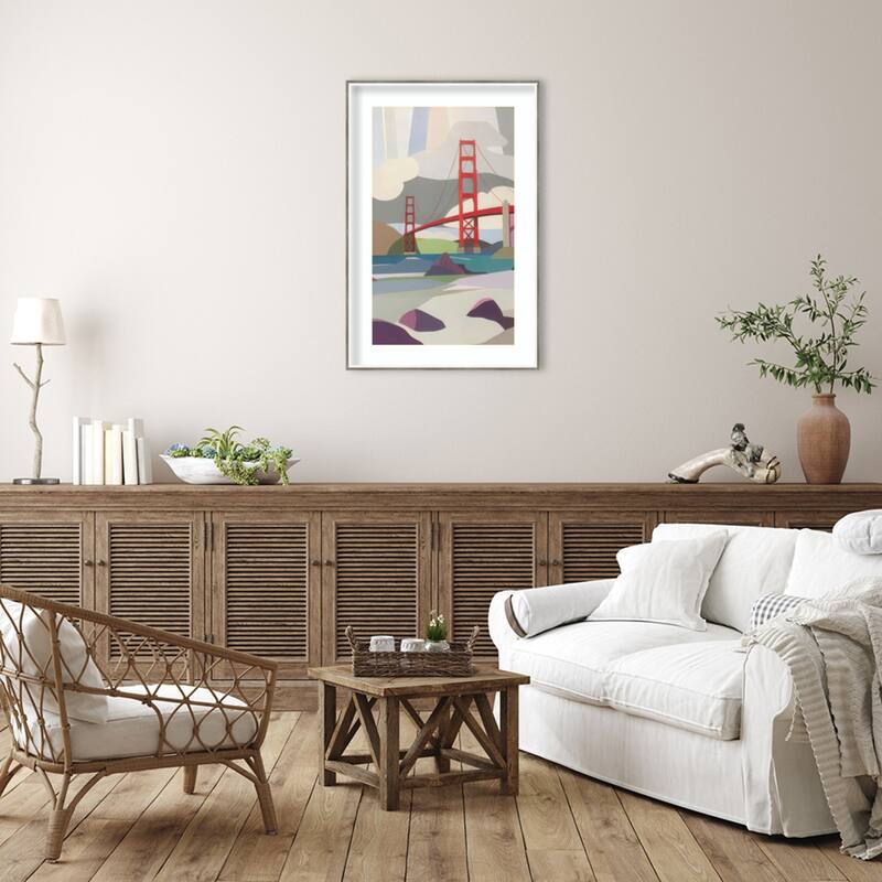 Golden Gate Bridge from Baker Beach by Melba Browne Wood Framed Wall Art Print - Lucie Silver White