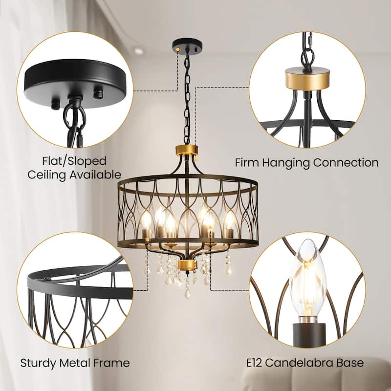 Modern Farmhouse Chandelier Dimmable Black and Gold Drum Chandeliers Light Fixture for Dining Room Living Room