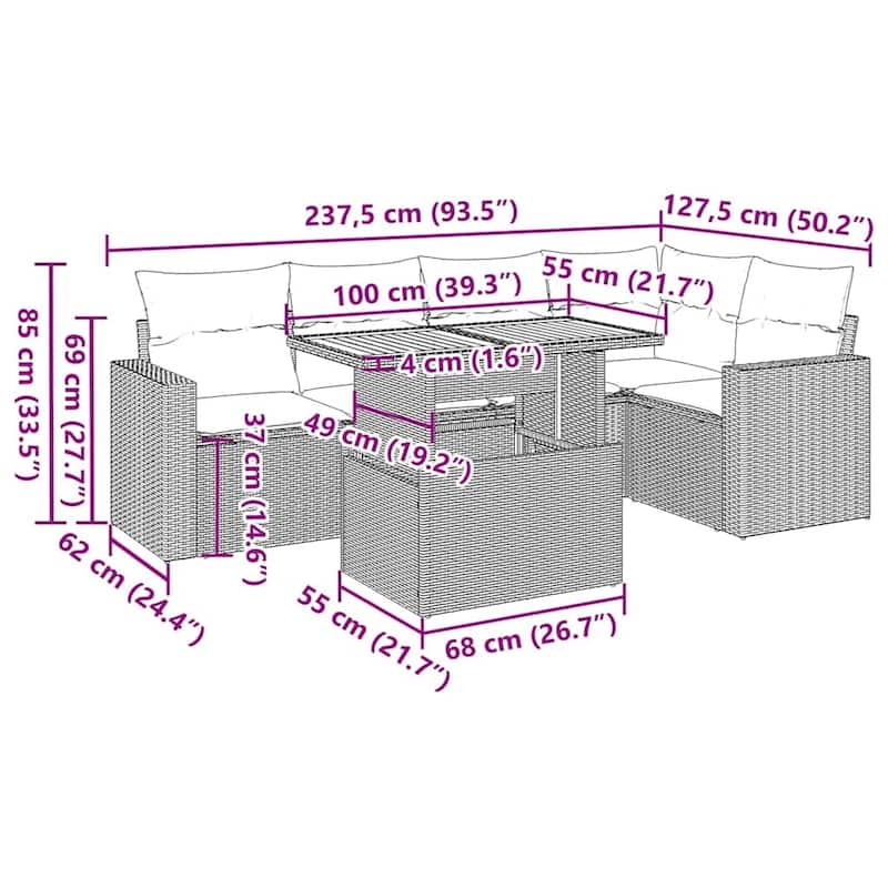 vidaXL 6 Piece Patio Sofa Set with Cushions Black Poly Rattan - 21.7 x 24.4 x 27.2