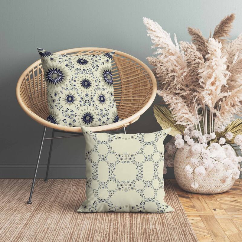 Delightful Dandelions Indoor/Outdoor Reversible Throw Pillow Cream and Blue