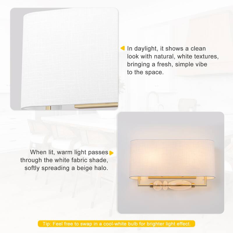 2-Light Wall Sconce Half-Open Linen Shade Striped Glass Globe Accent