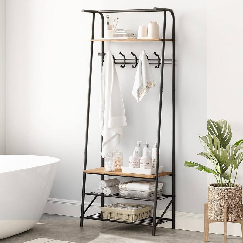 Hall Tree With Shoe Storage Bench, 4-In-1, Steel Frame With 10 Hooks for Entryway, Freestanding Coat Rack Stand for Home - N/A - Brown