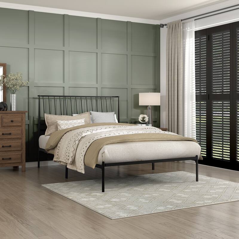 Queen Size Metal Platform Bed with Angled Headboard and Farmhouse Style
