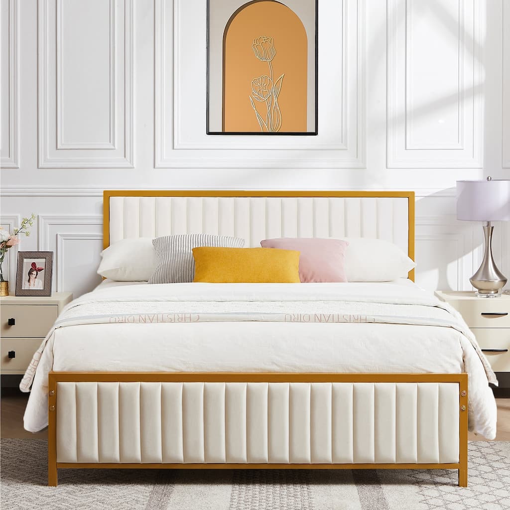 VECELO Upholstered Bed Frame with Tufted Headboard & Footboard Heavy Duty Steel Slats Platform No Box Spring Needed