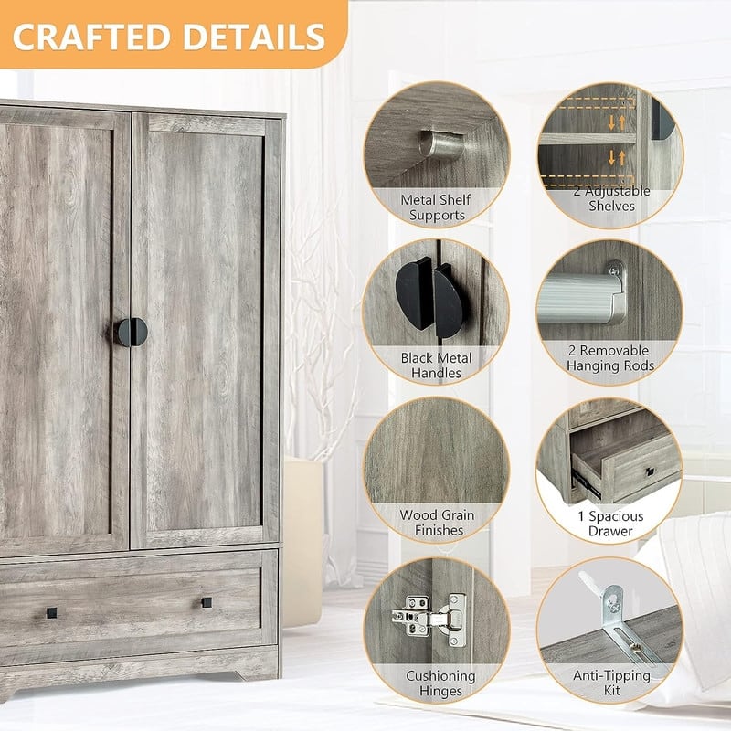 Grey Armoire Wardrobe Closet with Hanging Rod