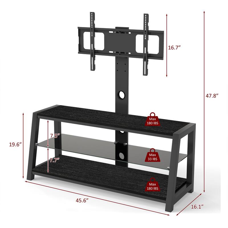 Modern TV Stand Height-Adjustable TV Stand with 3-Tier Shelving, 30° Rotating Base and Stand, for Living Rooms, Black