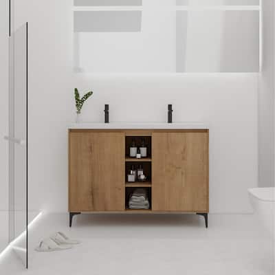 BNK 48'' Double Sink Bathroom Vanity, Floating/Freestanding Bathroom Vanity with Soft Close Doors & Shelves