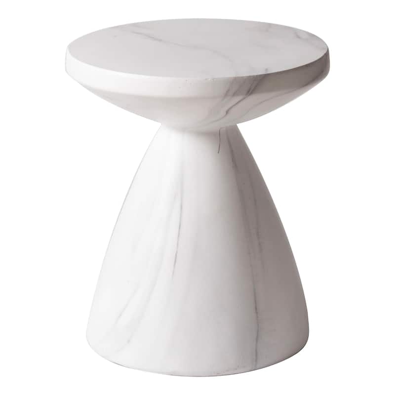 Dune Modern Round Fiberstone Side Table Indoor Outdoor Accent Table Pedestal Base Compact End Table - Marble White