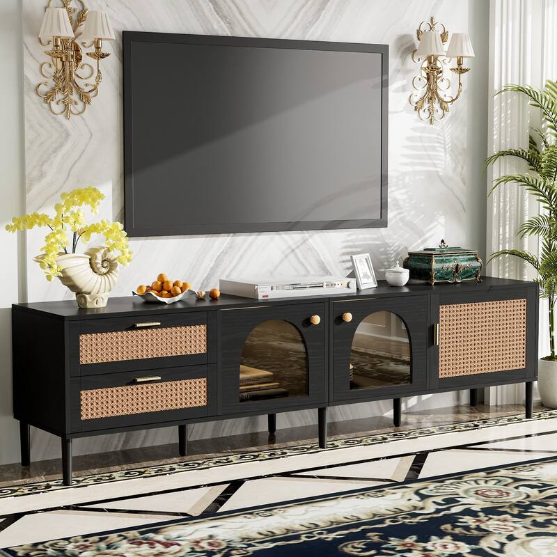 Modern Media Console with Rattan Design, LED Lights & Storage for TVs up to 80" - Living Room & Bedroom TV Stand - Dark