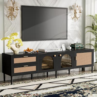 Rattan TV Stand with 3 Cabinets & 2 Drawers, LED Light Entertainment Center for TVs up to 80"
