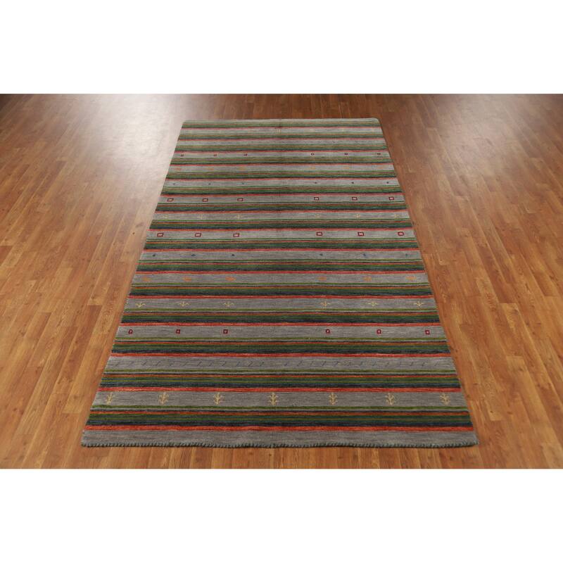 Striped Gabbeh Indian Area Rug Handmade Wool Carpet - 5'4" x 9'8"