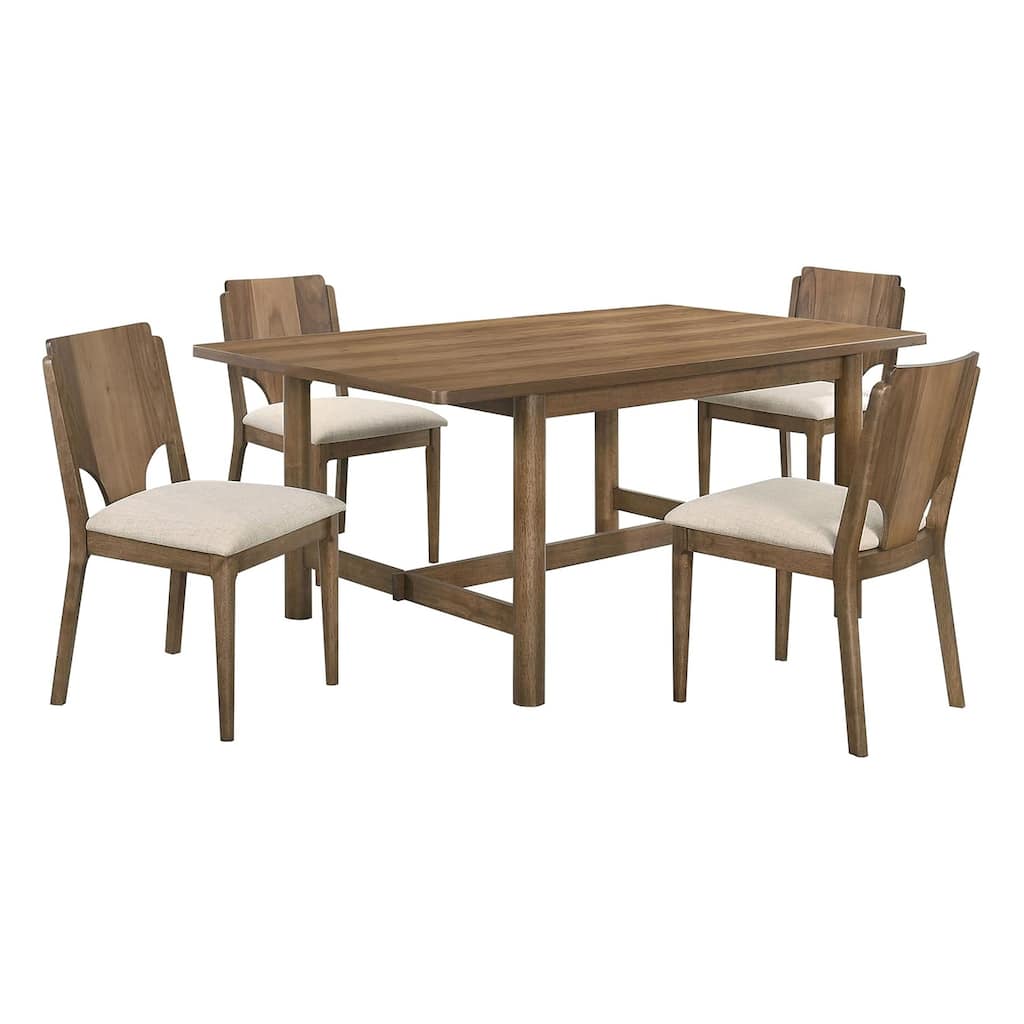 5-piece Rectangular Wooden Dining Table Set with Padded Seat in Walnut and Beige