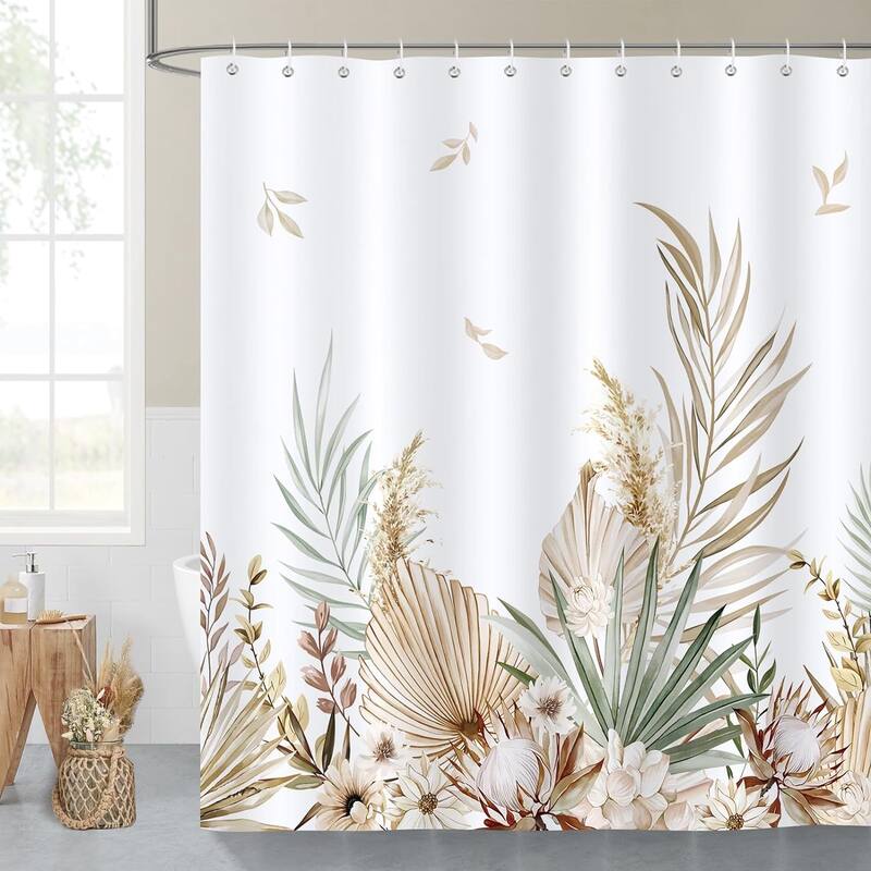 Boho Fall Leaves Shower Curtain Tan Palm Leaf Floral Decorative Bath