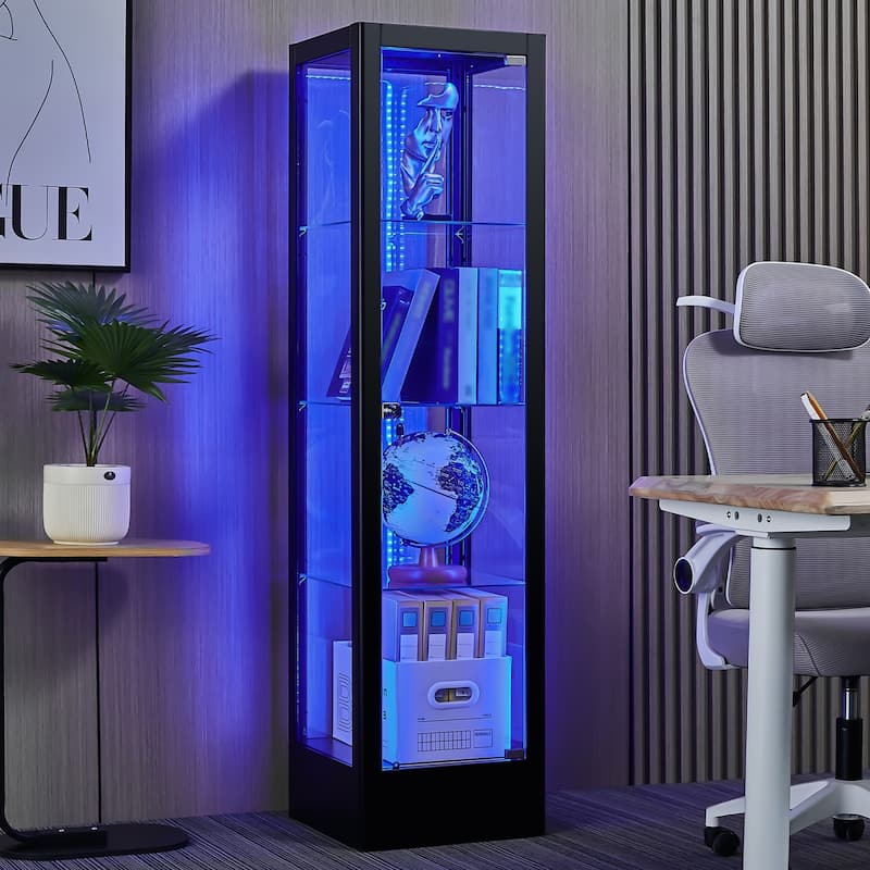 4-shelf Glass Curio Display Cabinet with Doors, RGB Light & Adjustable Storage Shelves - 63"H x 15.8"W x 15.8"D