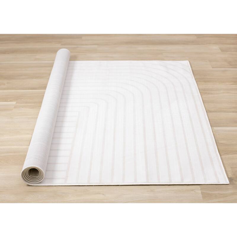 Washable Beige White Modern Curves Area Rug