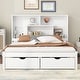 preview thumbnail 3 of 22, Queen Size Solid Pine Wood Platform Kids Bed Frame with Built-In Storage Shelves of the Headboard and 2-Drawers, White