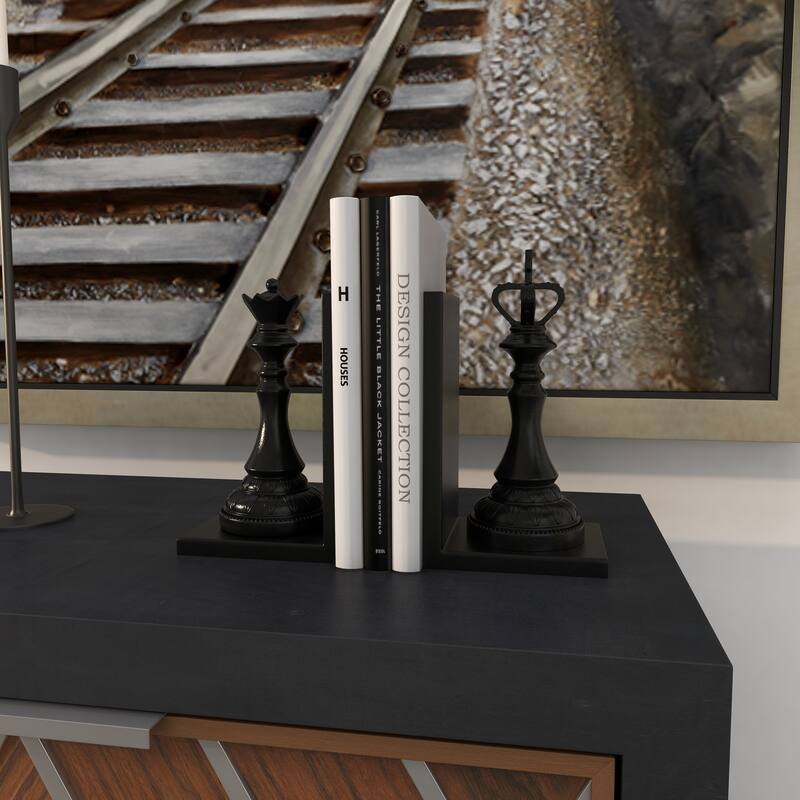 Black Polystone Chess Decorative Bookends with King and Queen (Set of 2)