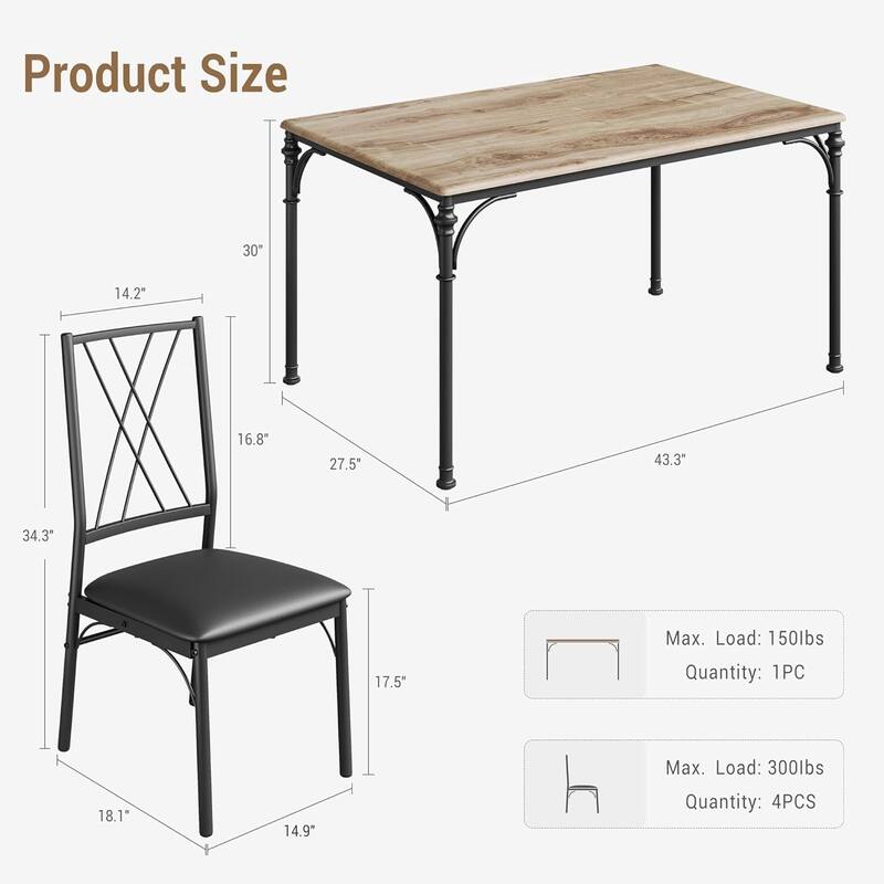 5-Piece Dining Table Set for 4, Modern Kitchen Table and Chairs, Compact Size for Apartment or Small Dining Room - Wood Grain
