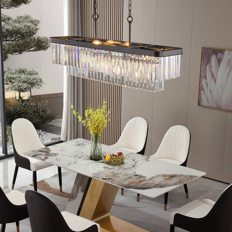 Rectangular Crystal Chandelier, Luxurious Hanging Ceiling Lighting Fixture for Living Room, 11-Light Black Pendant Lighting - Black