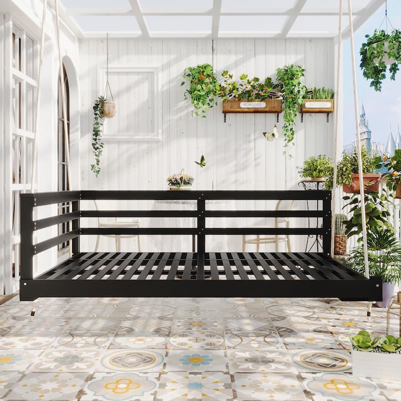 Country Patio Wooden Twin Size Swing Daybed Porch Swing Frame - Black