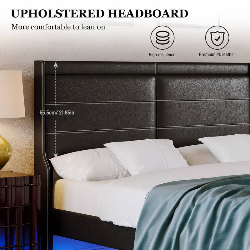 Queen Size PU Leather Bed UnderBed Lights, WingBacked Headboard