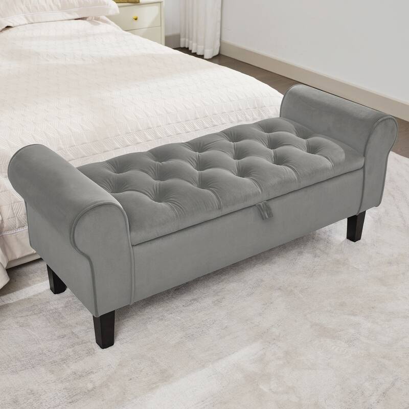 Upholstered Velvet Storage Ottoman Bench with Lift-Top Storage and Solid Rubberwood Legs - Sliver Grey