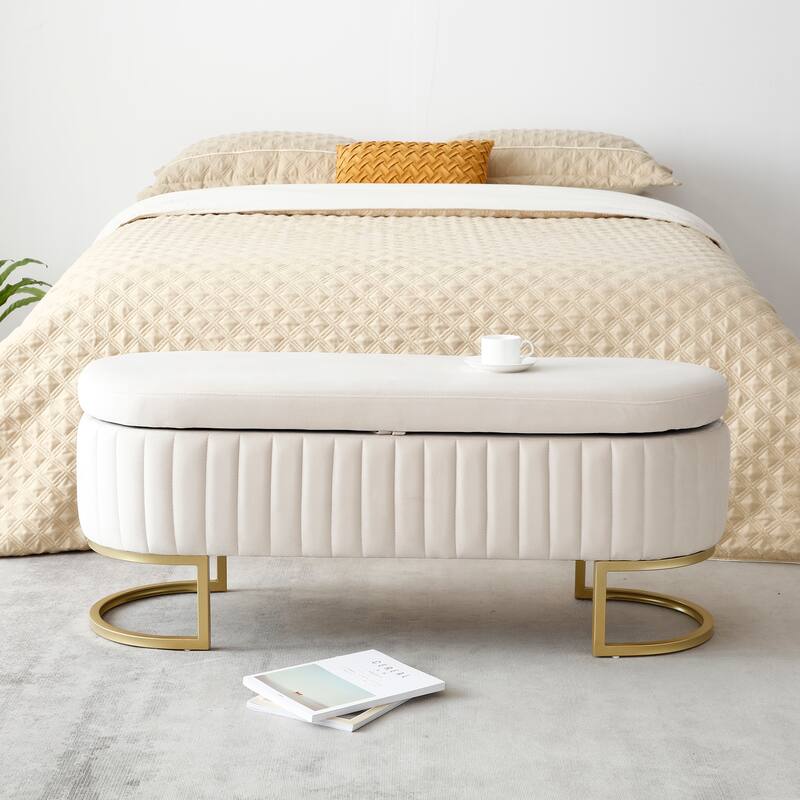 Storage Bench Bedroom Bench, Velvet Oval Upholstered End of Bed Bench with Golden Metal Legs, 50"Modern Storage Ottoman Bench