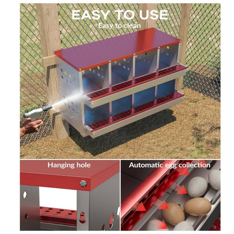 8-Compartment Chicken Nest Box with Egg Collection Tray and 8 Fake Training Eggs Red