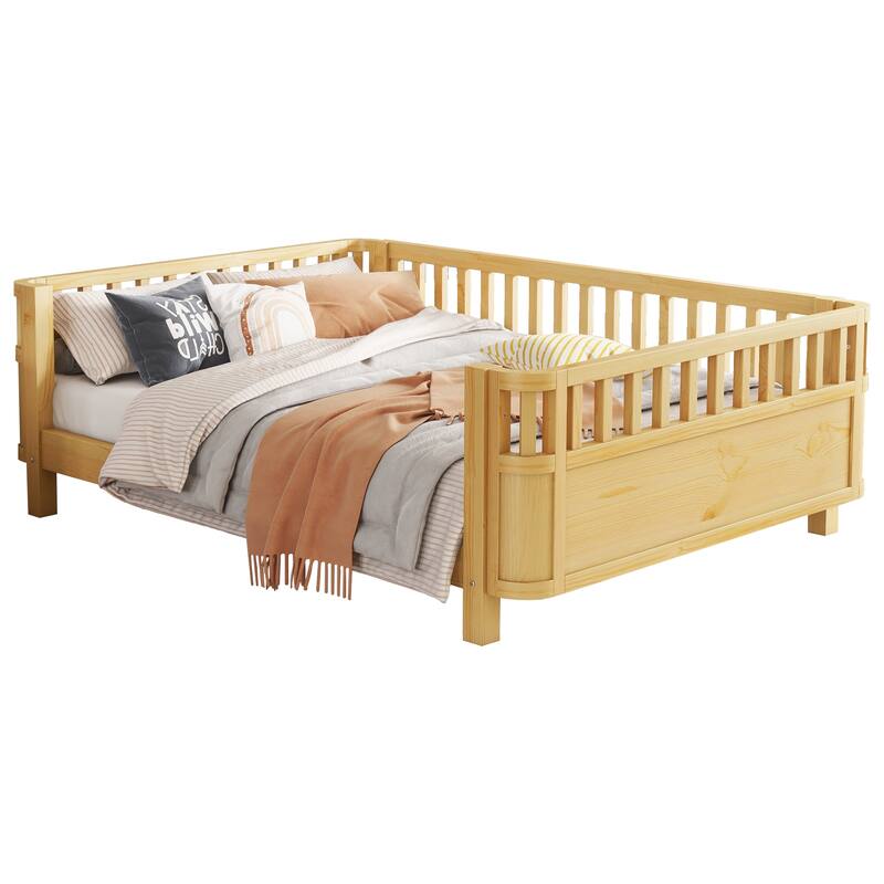 Modern Wood Platform Bed with Safety Rails for Kids